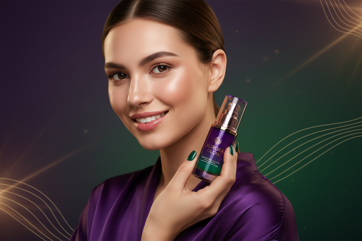 Create a high-quality lifestyle image for a Shopify store selling women's skincare and personal care products. 
The image should feature:
- A young, happy, confident woman holding or using a premium serum bottle
- Bold, vibrant, and luxurious color scheme (deep purple, emerald green, gold accents)
- Clean and minimal background, emphasizing the woman and the serum product
- Photorealistic style with soft lighting, subtle shadows, and glossy reflections on the serum bottle
- Feminine, el