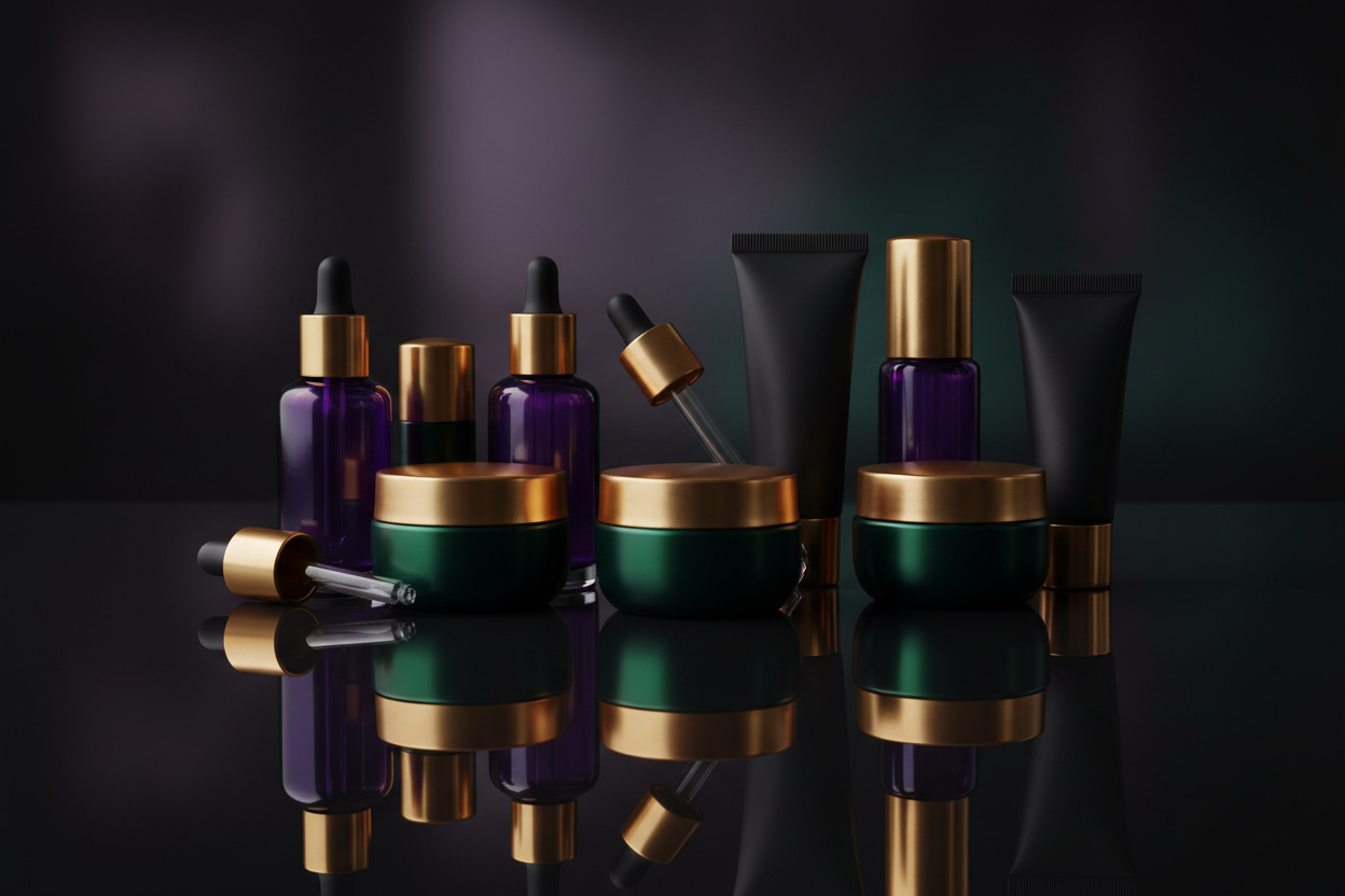 Create a high-quality, premium product-only hero banner for a women's beauty and skincare Shopify store targeting UAE and KSA.

STRICT RULES (DO NOT IGNORE):
- Products only, no humans, no women, no faces
- No brand names, no logos, no labels, no readable text on products
- All packaging must be generic, unbranded, and label-free
- DO NOT change the color palette

FIXED COLOR PALETTE (MANDATORY):
- Primary colors: deep purple, dark emerald green, black
- Accent color: metallic gold
- NO light colors
- NO pa