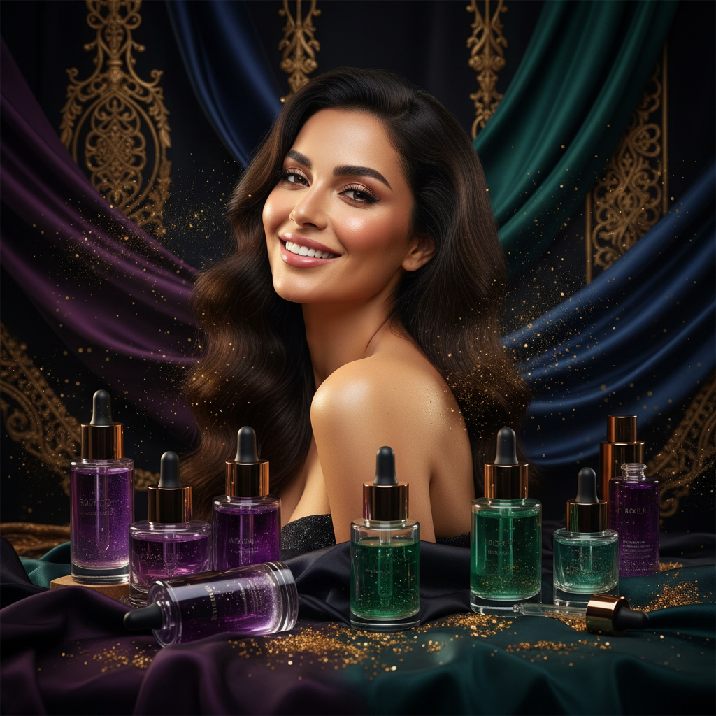 Create a square (1080x1080) luxury beauty banner for UAE and KSA.

Include:
- One happy Middle Eastern woman
- Generic skincare products only (serum bottles, no labels, no text)
- Dark luxury colors ONLY: deep purple, emerald green, black, gold
- Rich, cinematic background (not light, not simple)

Rules:
- No light colors
- No white or pastel
- No brand names or logos